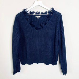 Bae Vely Distressed Fray Hem Navy Blue Sweater